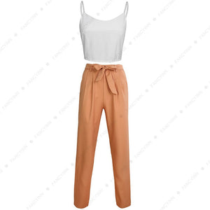 Women 2Pcs Set Skinny Crop Top Slim Trousers Sleeveless Jumpsuit Mini Playsuit