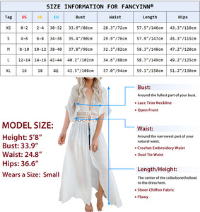 FANCYINN Womens Long Lace Cover up Sheer Bikini Coverups Kimono Tie Front Bathing Suit Swimsuit Beachwear